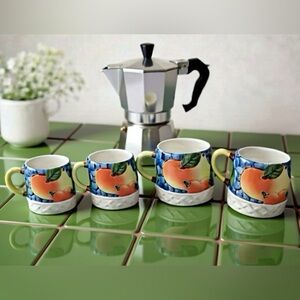 4 Ceramic Coffee Cups Embossed with Fruit in Bright Oranges, Yellows & Blues!